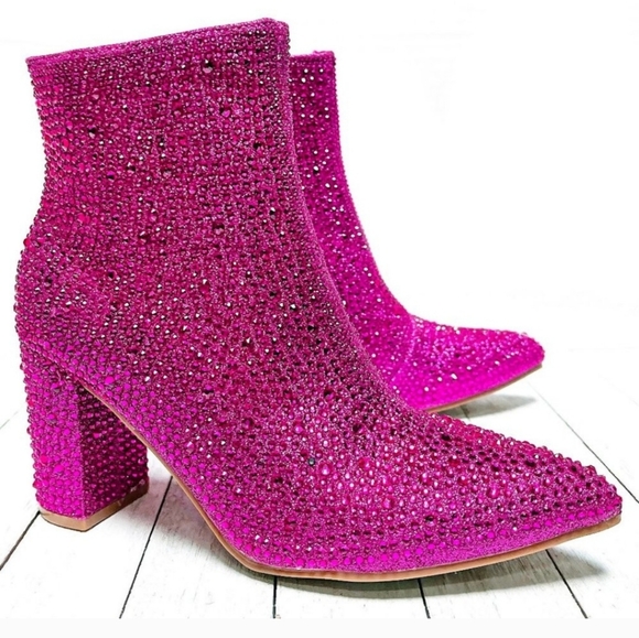 Fuchsia Pink Rhinestone Pointed Toe Chunky Heel Ankle Boots Bootie - Picture 6 of 8